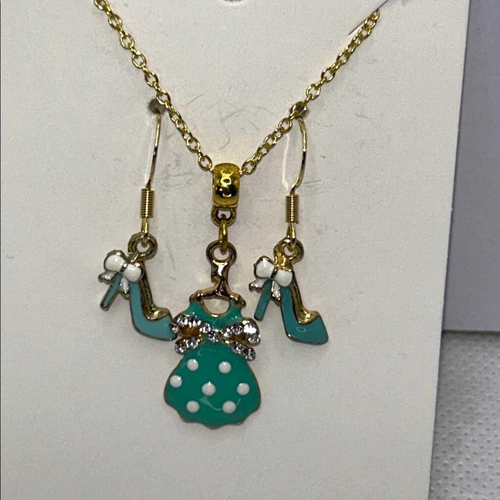 Handmade Gold Plated Sterling Silver Enamel Dress Necklace & Shoe Earrings Set